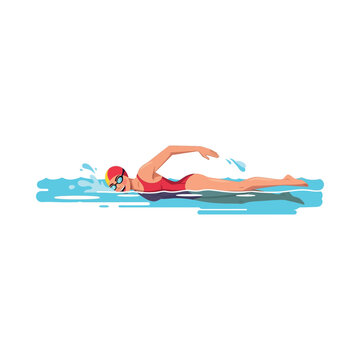A woman in a red swimsuit swims through the water wearing goggles.