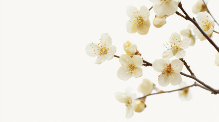 Fototapeta premium Delicate white plum blossoms unfurl on slender branches against a pure backdrop, embodying the essence of sptime renewal and subtle floral beauty perfectly.