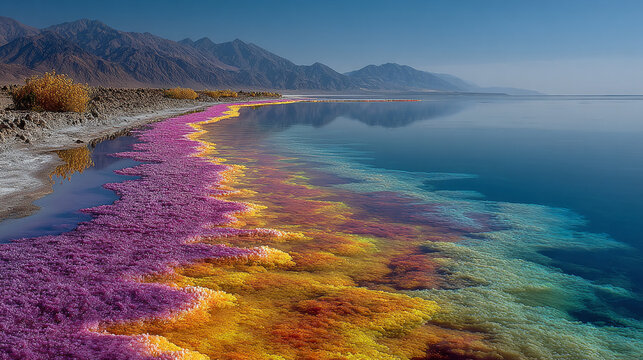 Vibrant mineral shoreline at a saline soda lake with colorful algae blooms reflecting against distant mountain ranges under a clear deep blue summer sky