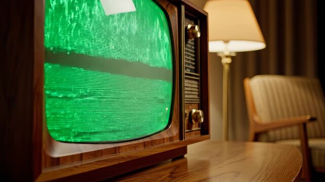 Vintage television with green screen in room emphasizing advanced technology and cybersecurity