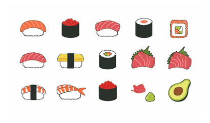 Japanese sushi set vector illustration with nigiri maki sashimi and gunkan flat design isolated on white © Joni
