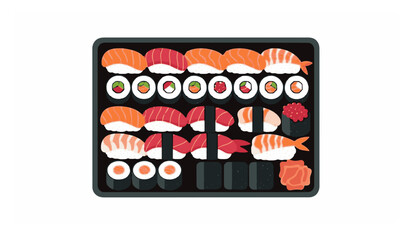 Isometric Japanese sushi dish vector illustration with assorted sushi pieces modern minimal style isolated on white © Joni