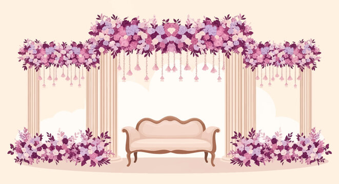 Wedding stage background featuring a central cream sofa, four fluted classical columns, and large floral arrangements in purple, pink and mauve shades with hanging tassel details.