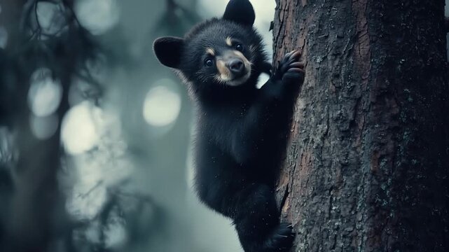 Curious young American black bear cub with shiny fur clinging to a tree trunk and cautiously looking around its natural habitat, a lush and wild forest with a blurred background