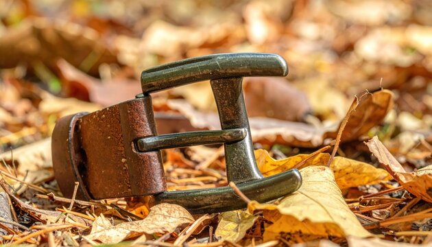 A weathered metal belt buckle lies on a bed of dry autumn leaves, capturing the essence of time passing and the beauty of forgotten objects found in the forest during the fall season.