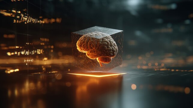 Conceptual digital human brain rotating inside a glowing wireframe cube with complex math formulas.