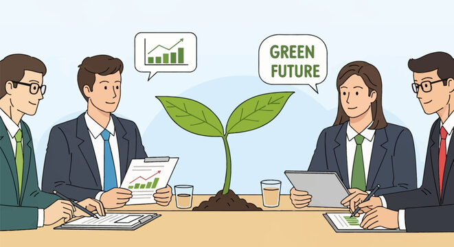 Vector illustration of a professional business team sitting at a table with a large growing green sprout, discussing environmental sustainability and green future initiatives.