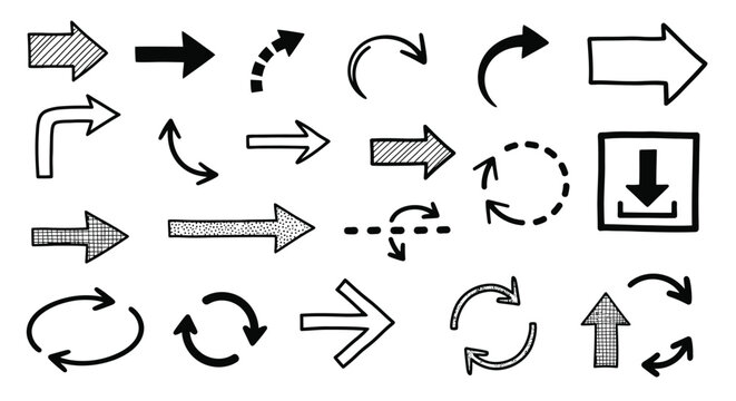 Set of doodle style hand-drawn arrows with different patterns and directional indications