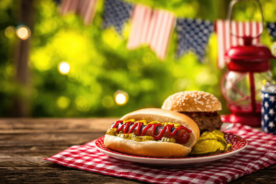 Grilled hot dog with mustard and pickles served on a plate alongside a sesame seed hamburger, with festive decorations for US Independence Day in the background