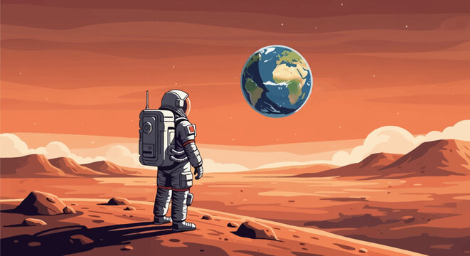 Flat vector illustration of an astronaut in a white space suit standing on the red rocky surface of Mars, looking up at the planet Earth in the orange hazy sky during a mission.