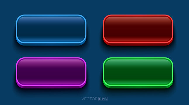 Set of four vibrant, glossy, rounded rectangular buttons.