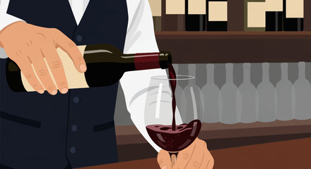 Obraz premium Close-up vector illustration of a professional bartender wearing a vest and white shirt pouring red wine from a bottle into a glass at a bar with wine bottles on shelves.