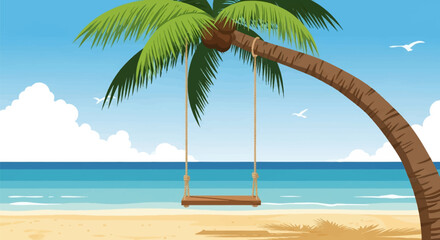 Fototapeta premium Vector illustration of a wooden swing hanging from a curved palm tree on a tropical beach with turquoise ocean water, white sand, blue sky with clouds and flying seagulls in distance.
