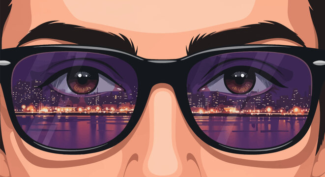 Detailed vector illustration of a man's face close-up, focusing on brown eyes and black-framed glasses reflecting a night city skyline with illuminated buildings and water.