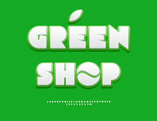Naklejka premium Vector Modern signboard Green Shop. Big Geometric Font. Abstract style Alphabet Letters and Numbers set.