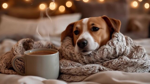 Cute Jack Russell Terrier dog wrapped in a cozy knitted scarf relaxing in bed with a steaming mug of hot coffee, enjoying a comfortable and warm autumn or winter morning atmosphere at home