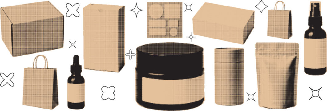 halftone pop art packaging set with boxes paper bag cosmetic container and product packaging collection