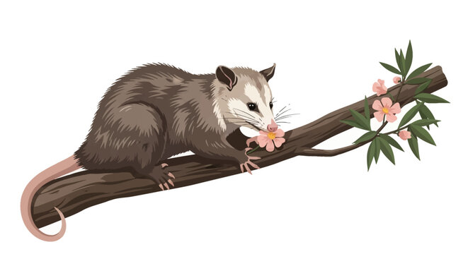 Detailed vector illustration of a North American opossum perched on a wooden tree branch sniffing a pink flower blossom, marsupial wildlife isolated on a white background.