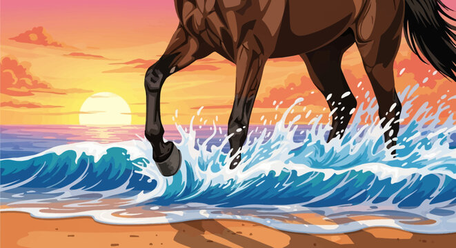 Vector illustration of a brown horse galloping through blue ocean waves on a sandy beach at sunset with water splashing around its hooves and a large sun in the orange sky.