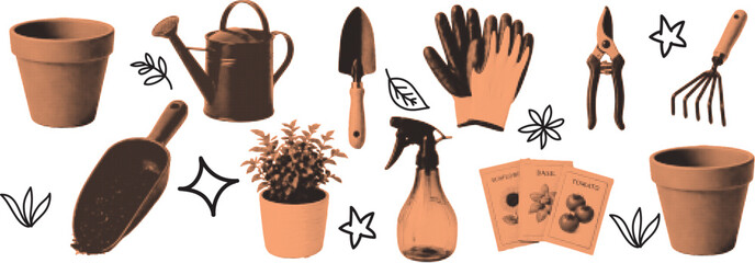 halftone pop art gardening tools set with watering can shovel gloves and plant pot collection © SpiximCreation