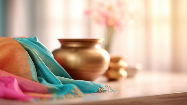 Colorful silk sarees draped with brass pots blurred background for pongal festival decoration gift design card poster background,Bonalu