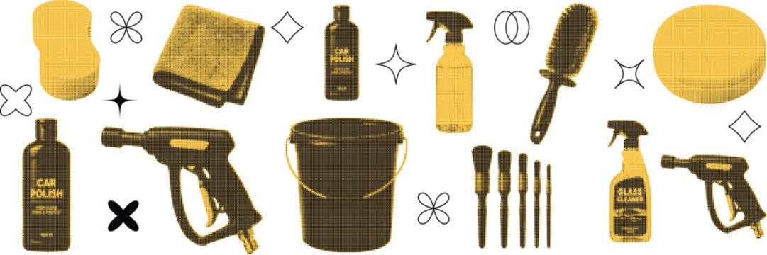 halftone pop art cleaning supplies set with spray bottle gloves bucket and household cleaning tools collection