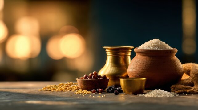 Festive harvest still life with rice in clay jar and brass bowls with warm bokeh lights for harvest festival celebration design card poster background,Bonalu
