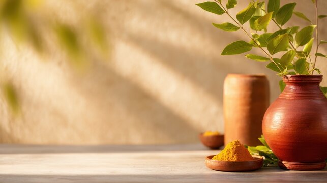 Turmeric spice and clay pot still life with green leaves for diwali background and festival design, card and poster layout,Bonalu