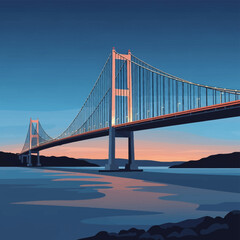 Fototapeta premium Minimalist vector illustration of a long suspension bridge over water at sunset, featuring tall white towers, cable structures, and distant hills under a blue and orange sky.