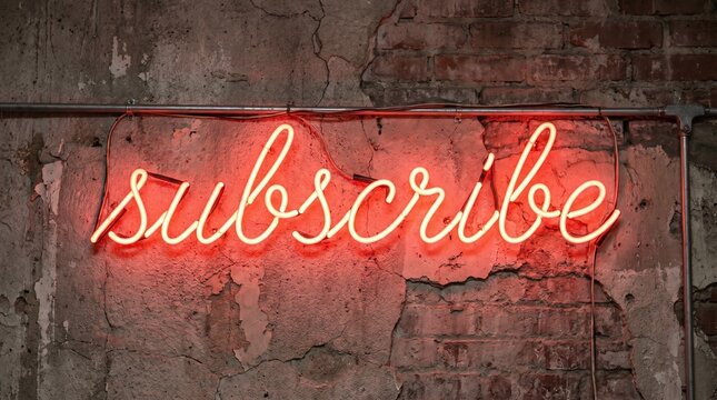 Bright red glowing neon sign saying Subscribe in cursive font on a cracked plaster and brick wall.