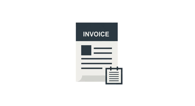 Minimalist vector illustration of a professional invoice document featuring a dark header, text fields, and a small notepad icon, isolated on a clean white background.