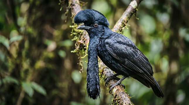 Long wattled umbrellabird perched on branch rainforest