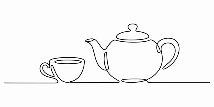 Continuous single line drawing of a teapot and a tea cup for a simple kitchen cafe logo or minimalist home decor wall art design Vector, illustration
