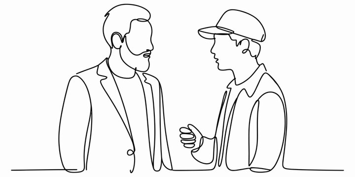 Continuous single line drawing of two men talking to each other as friends or business colleagues having a casual conversation Vector, illustration