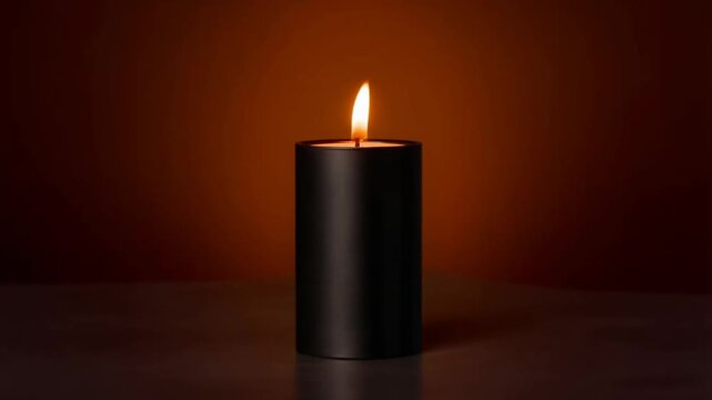 Minimalist Halloween black taper candle with soft orange flame burning on dark reflective surface, cozy warm atmosphere, moody background, festive decor video footage