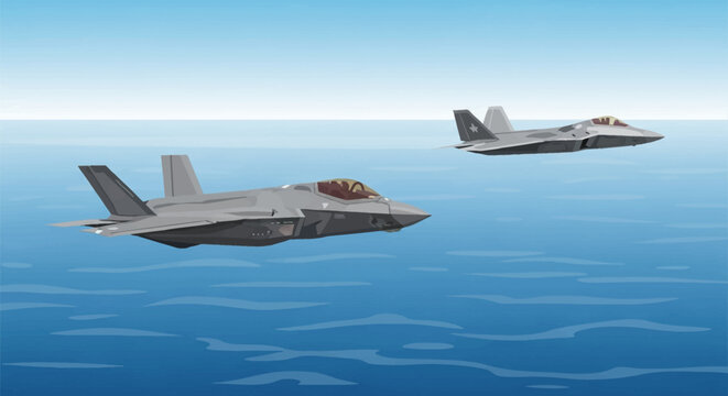 Vector illustration of two grey F-35 stealth fighter jets flying in formation over a blue ocean surface under a clear sky, depicting modern fifth-generation military aviation.