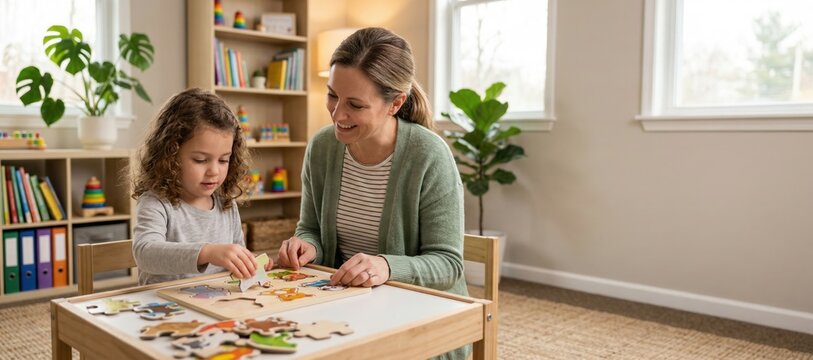 Gentle pediatric therapist and child assembling simple puzzle together