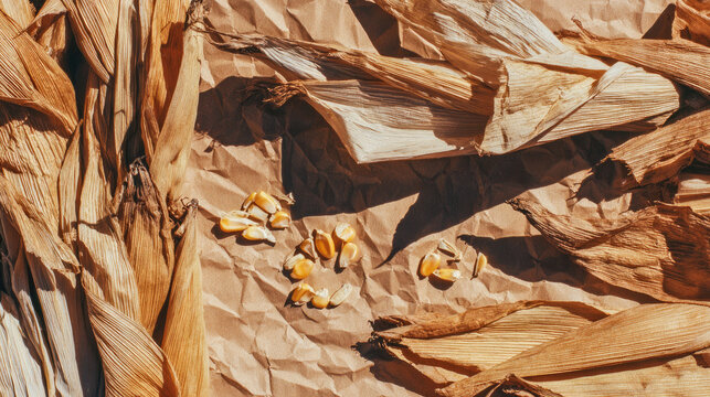 Nature inspired food scene with dried corn fiber and kernels on brown paper wrap creating rustic organic texture and warm autumn feeling