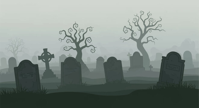 Eerie graveyard landscape with weathered tombstones, gnarled dead trees, and celtic crosses shrouded in thick fog. Flat vector illustration of a spooky cemetery for Halloween.