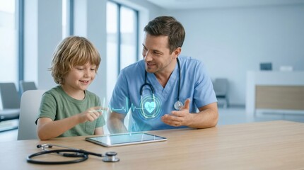 Obraz premium Friendly general practitioner interacting with happy child in modern clinic
