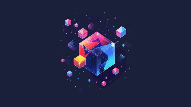 Abstract geometric composition with cubes and colorful elements on dark background
