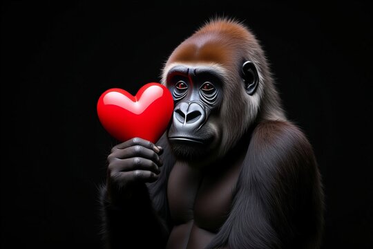Gorilla showing love with heart symbol against black backdrop in Valentine's Day photo shoot.