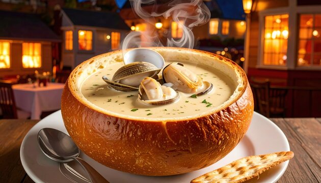 Steaming hot creamy clam chowder served in a fresh rustic bread bowl at a cozy restaurant.