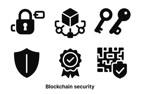 Blockchain Security Icons. Blockchain security. Filled icon set of Blockchain security: cryptographic lock,
