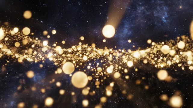 Starry sky with golden light particles highlighting geometric patterns and contemporary art