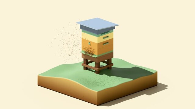 Charming low poly 3D animation of a wooden beehive with animated swarming bees on a green isometric grass platform. Warm minimal style concept for World Bee Day and beekeeping themes.