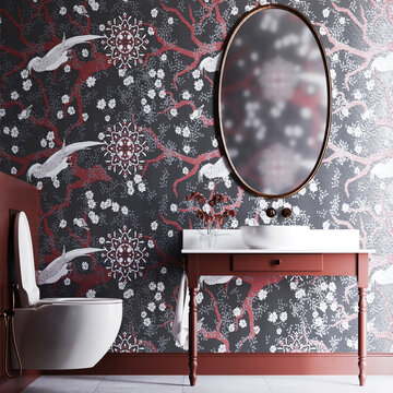 Modern Bathroom Interior with Oriental Chinoiserie Floral and Bird Wallpaper Design