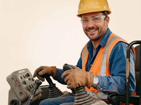 Smiling heavy equipment operator at the controls of a construction vehicle. Professional worker in safety gear sitting in machinery cab. Industrial and labor concept
