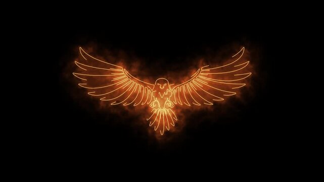 Glowing fire phoenix bird flapping its wings on black background. 4K Video