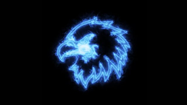 Blue electric eagle head silhouette pulsing with energy and light on Black Background. 4K Video